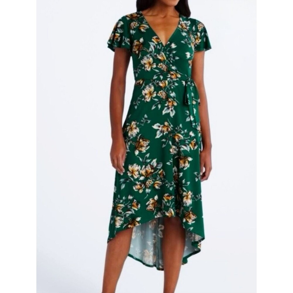 Fortune & Ivy Floral High Low Faux Wrap Midi Dress in Teal Green Size XL Womens